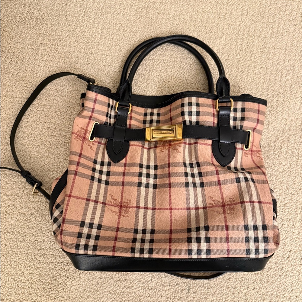 BURBERRY Haymarket Check Coated Canvas Medium Goldtone Tote Bag - Picture 3 of 16